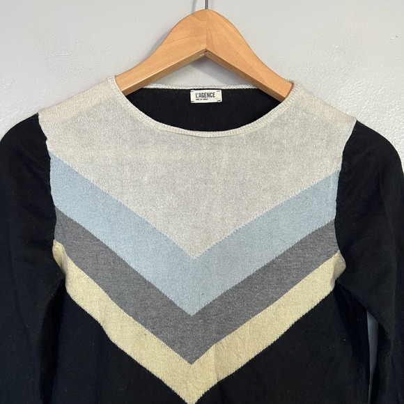 L'agence Black Cashmere Wooln Pullover Sweater Size XS Blue Gray Chevron Stripes - Picture 5 of 12